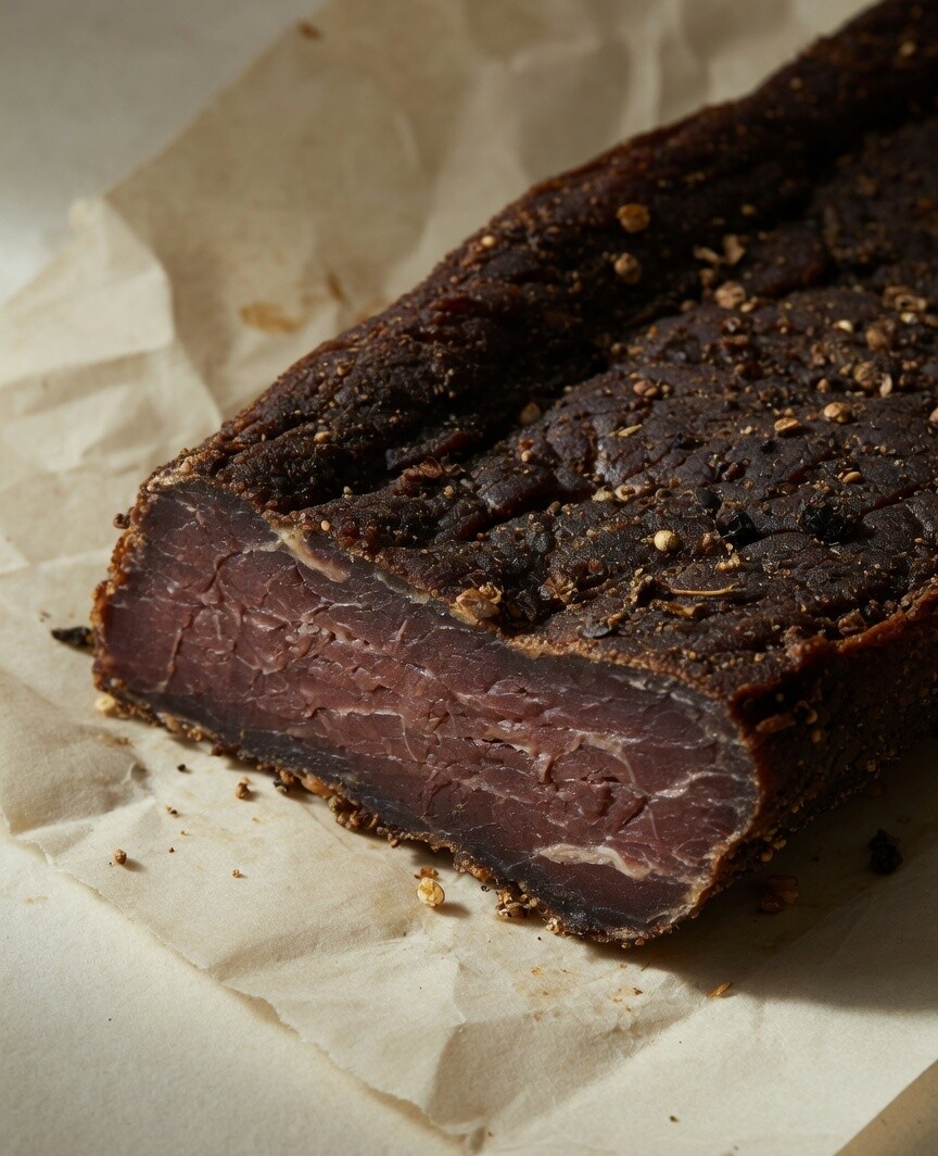 A dry-style biltong slab, dark, firm, and traditional.