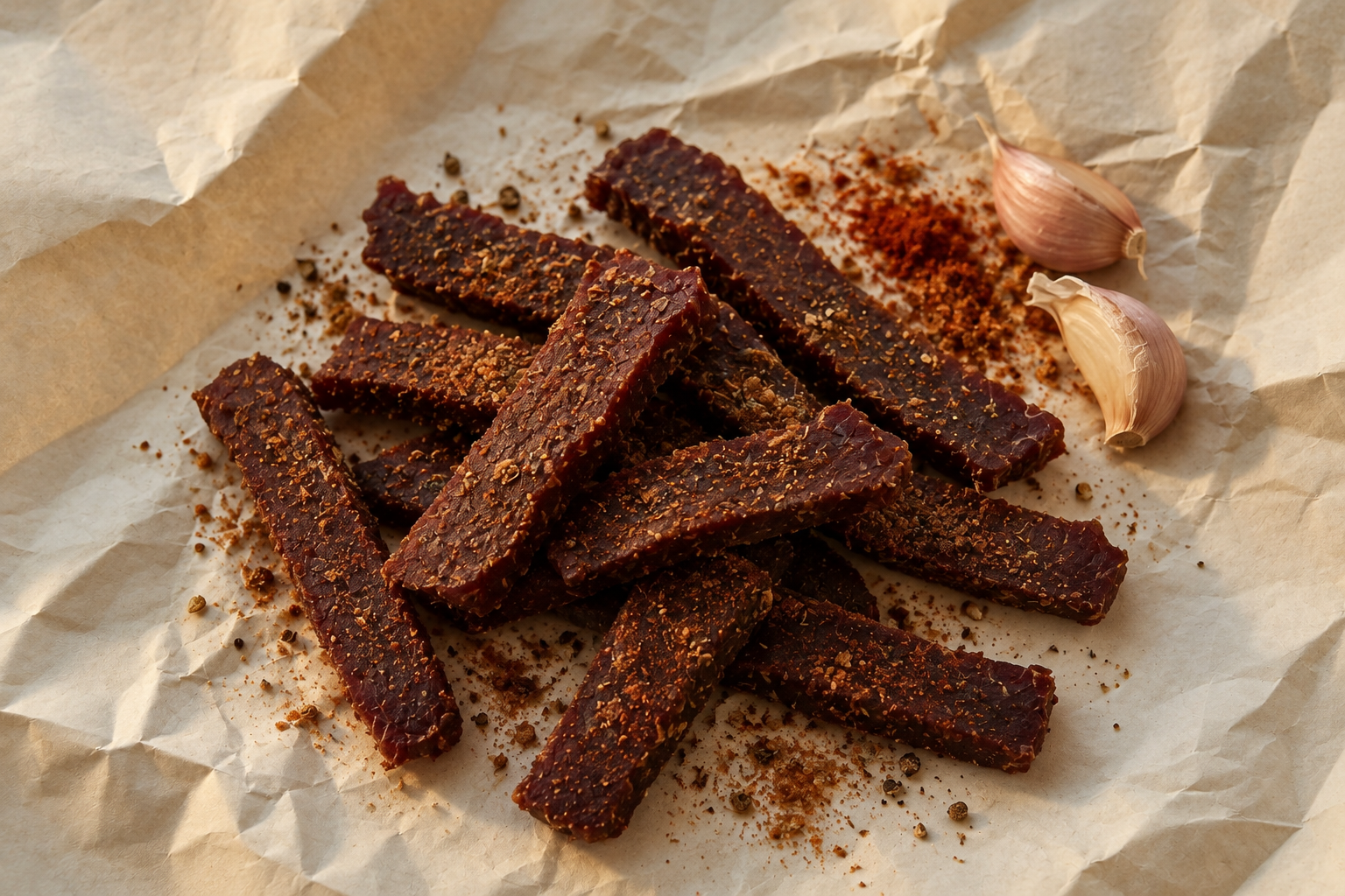 BBQ-seasoned biltong with dry spices and garlic on crumpled butcher paper.