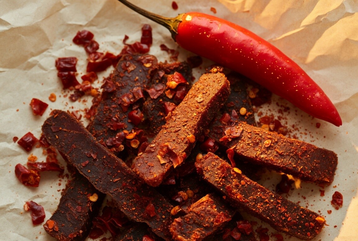 Chilli biltong strips dusted with crushed red chilli.