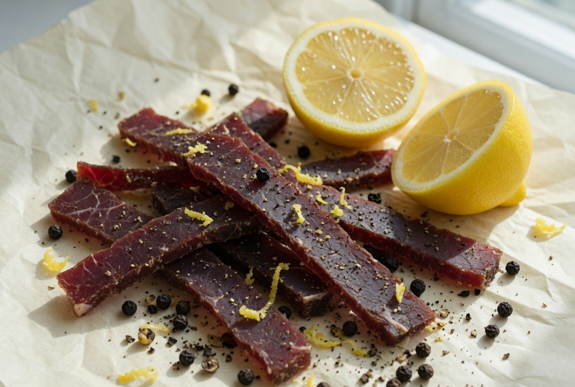 Lemon pepper biltong with lemon halves and cracked peppercorns.