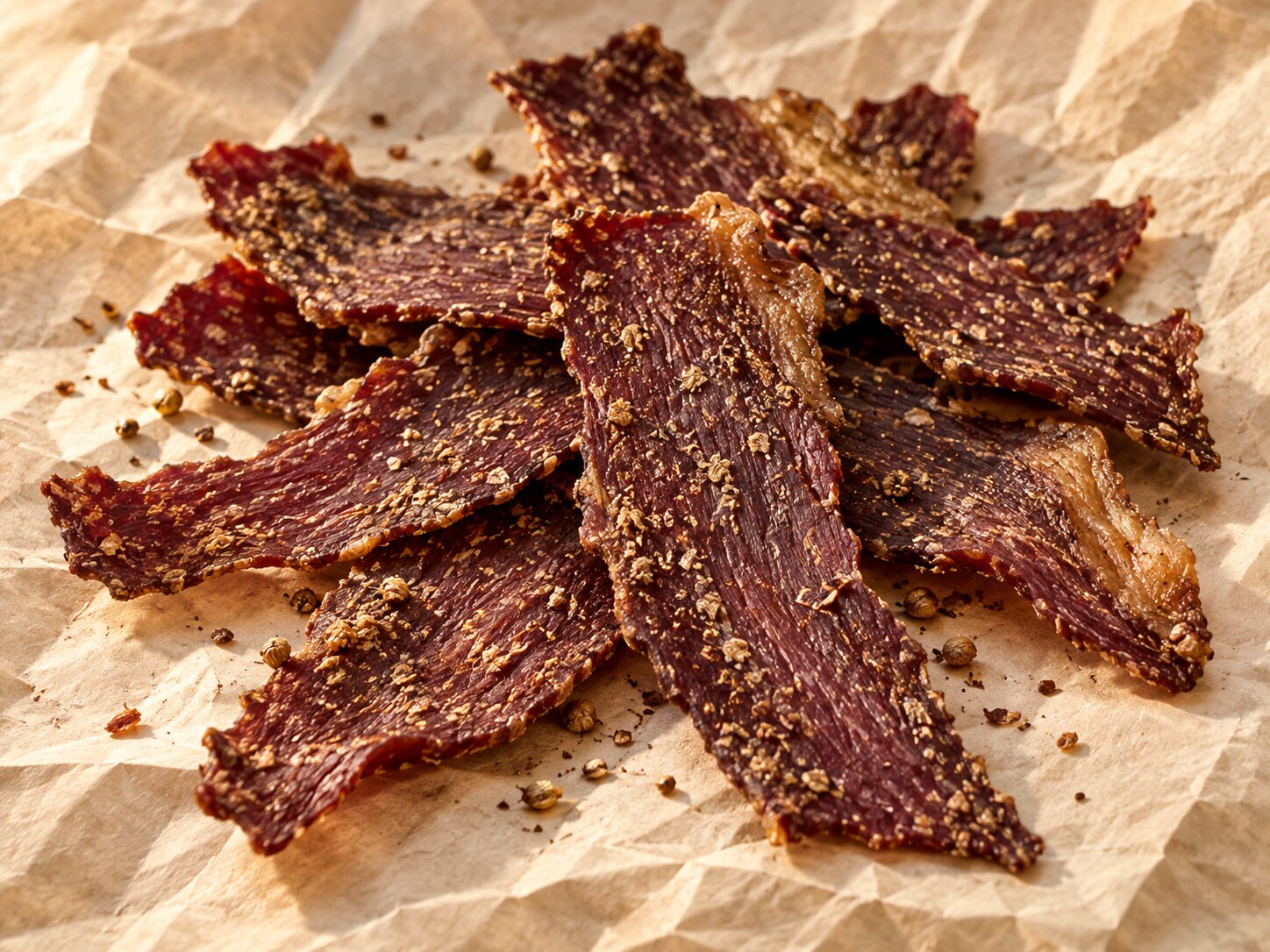 Thin beef meat chips with roasted coriander seeds on cream butcher paper.