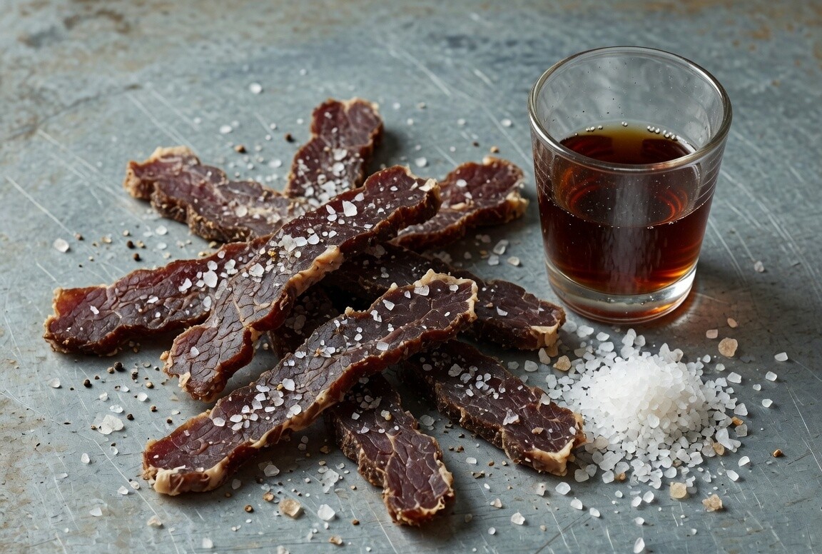 Salt and vinegar biltong with coarse salt and a glass of vinegar.
