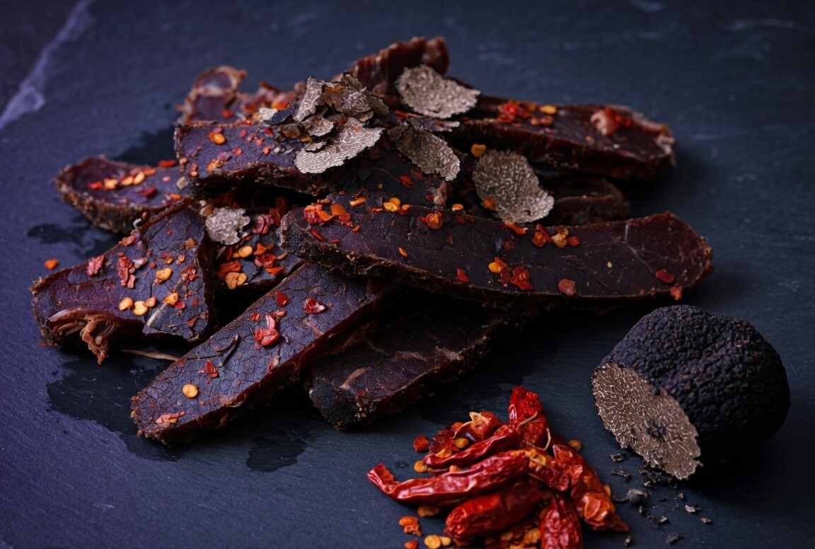 Chilli truffle biltong with chilli flakes and black truffle.