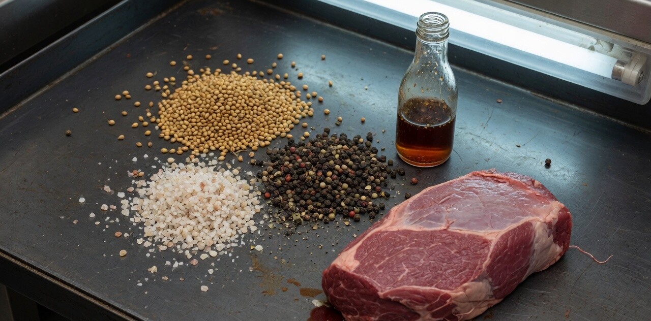 Coriander seeds, salt, peppercorns, vinegar and a cut of beef on a steel table.